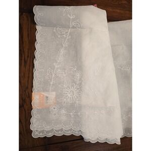 Vintage Swiss Mid Century White Floral Embroidered Window Curtain Sheers 44x84